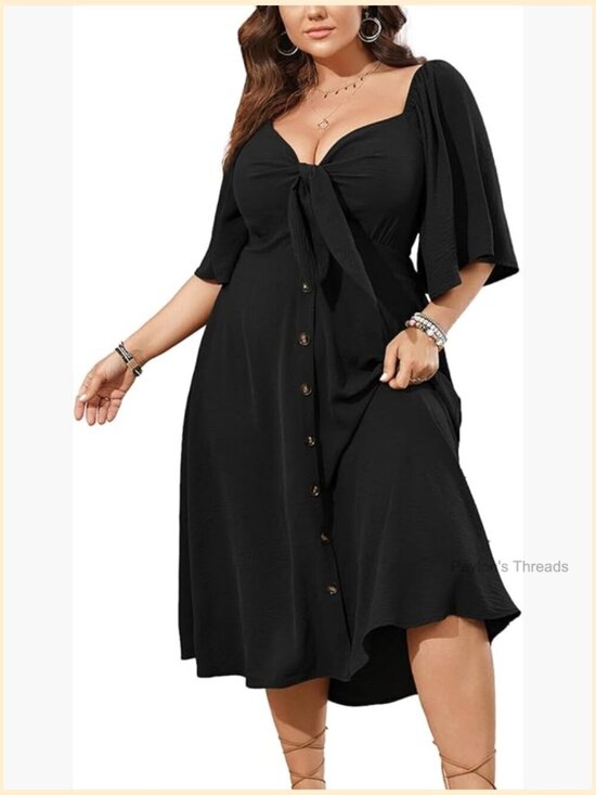 Dresses & Skirts - Plus Size Smocked Button Down Midi A-Line Dress with Bow Tie V Neck